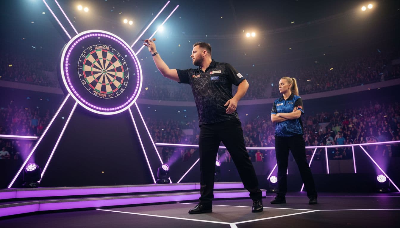Two professional darts players compete intensely on a brightly lit stage in a packed arena, with one mid-throw, dramatic spotlights, purple accents, and blurred crowd.