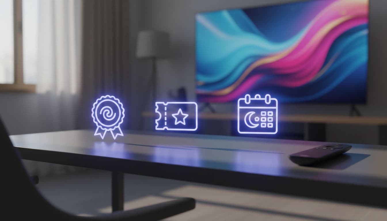 Glowing digital icons of account credit badge, discount coupon, and free service month calendar arranged on a sleek desk beside a streaming remote, with blurred smart TV background in a cozy home office.