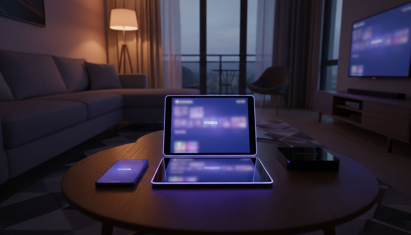 Smartphone, tablet, and Android TV streaming box on a coffee table in a modern living room at evening, with blurred streaming interfaces, cinematic style, strong contrast, dramatic side lighting, and glowing screen edges.