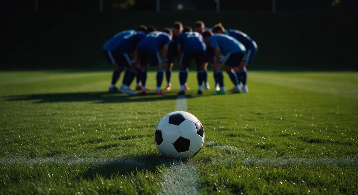 A textured white soccer ball rests on vibrant green grass near the white penalty box line. Faint silhouettes of a team huddle appear in the darkened, out-of-focus background during sunset.