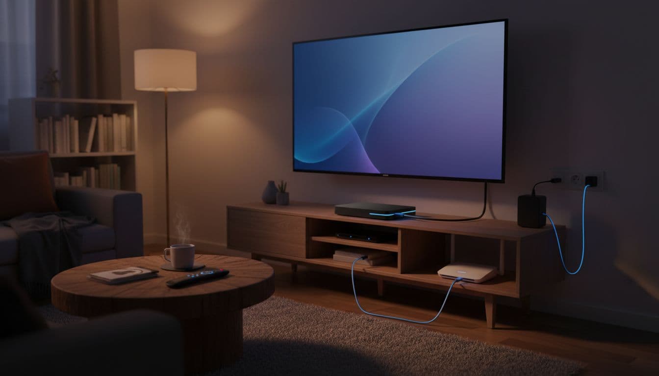 Thomson 270 UK Plus Android streaming box connected to a modern TV via HDMI cable, Ethernet cable to router, and power adapter in outlet, with remote control nearby in a cozy living room. Wide-angle cinematic view with dramatic lighting and #4338CA accent color on cables.