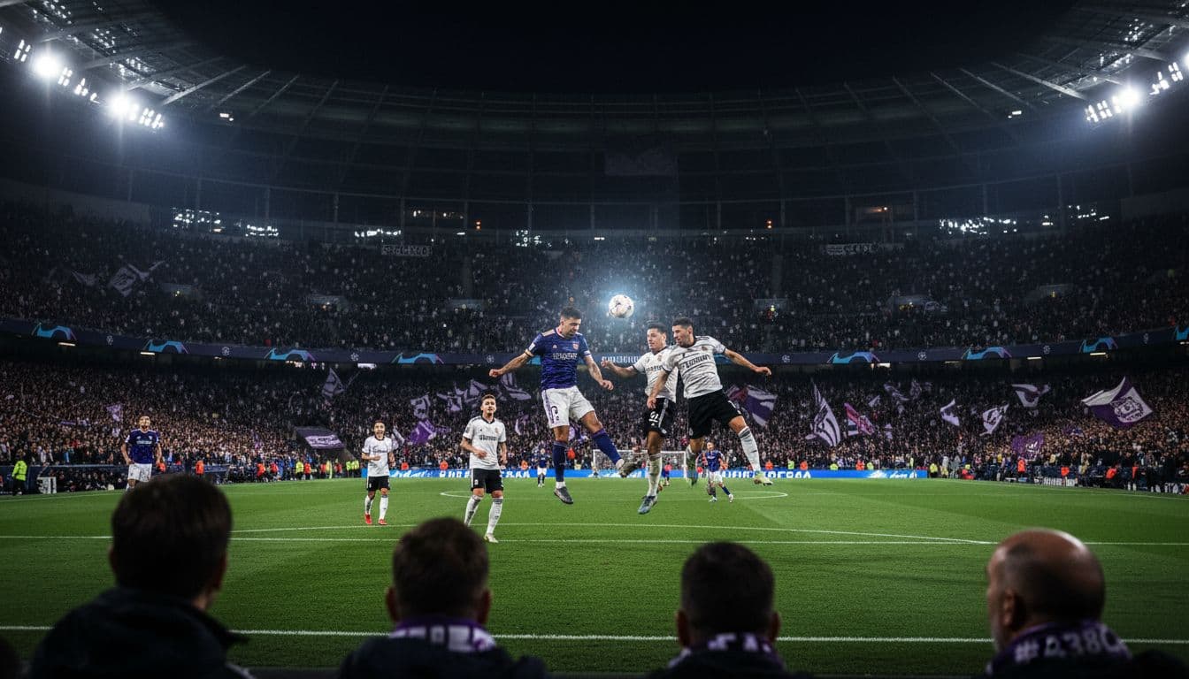 Packed UEFA Champions League quarterfinal stadium at night features floodlit pitch with players in mid-action clash and roaring crowds waving purple-accented flags.