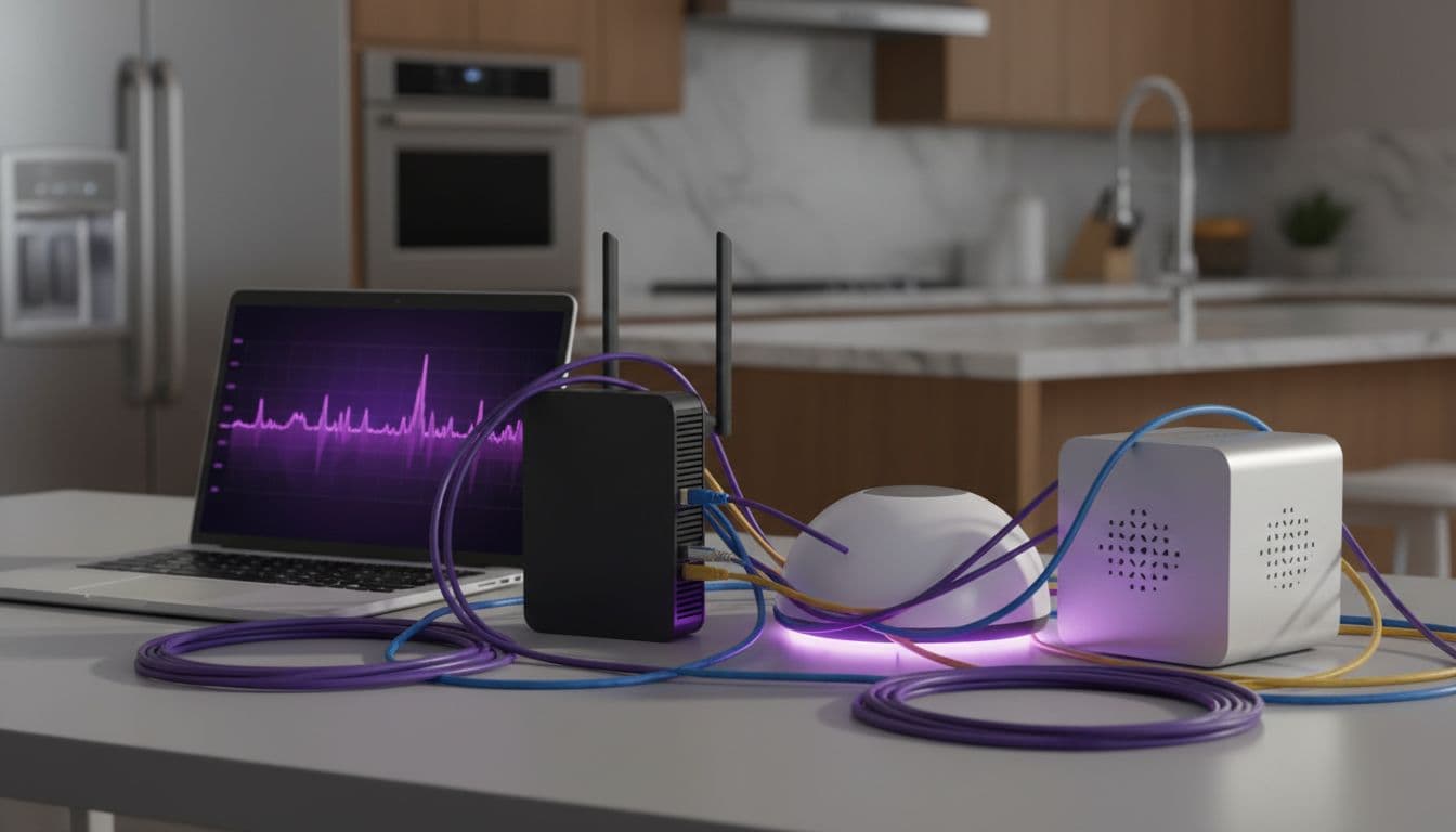Modern home office desk featuring three branded broadband routers side by side for comparison, connected by colorful ethernet and fiber cables to a central hub, with a laptop displaying glowing purple speed graphs nearby and blurred kitchen background.