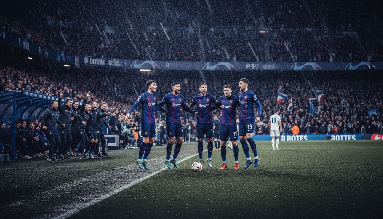 An underdog Premier League team celebrates a shock goal with six players jumping in a circle, arms raised relaxed, on a rainy evening pitch under stadium lights, bench erupting and fans wild in the stands.