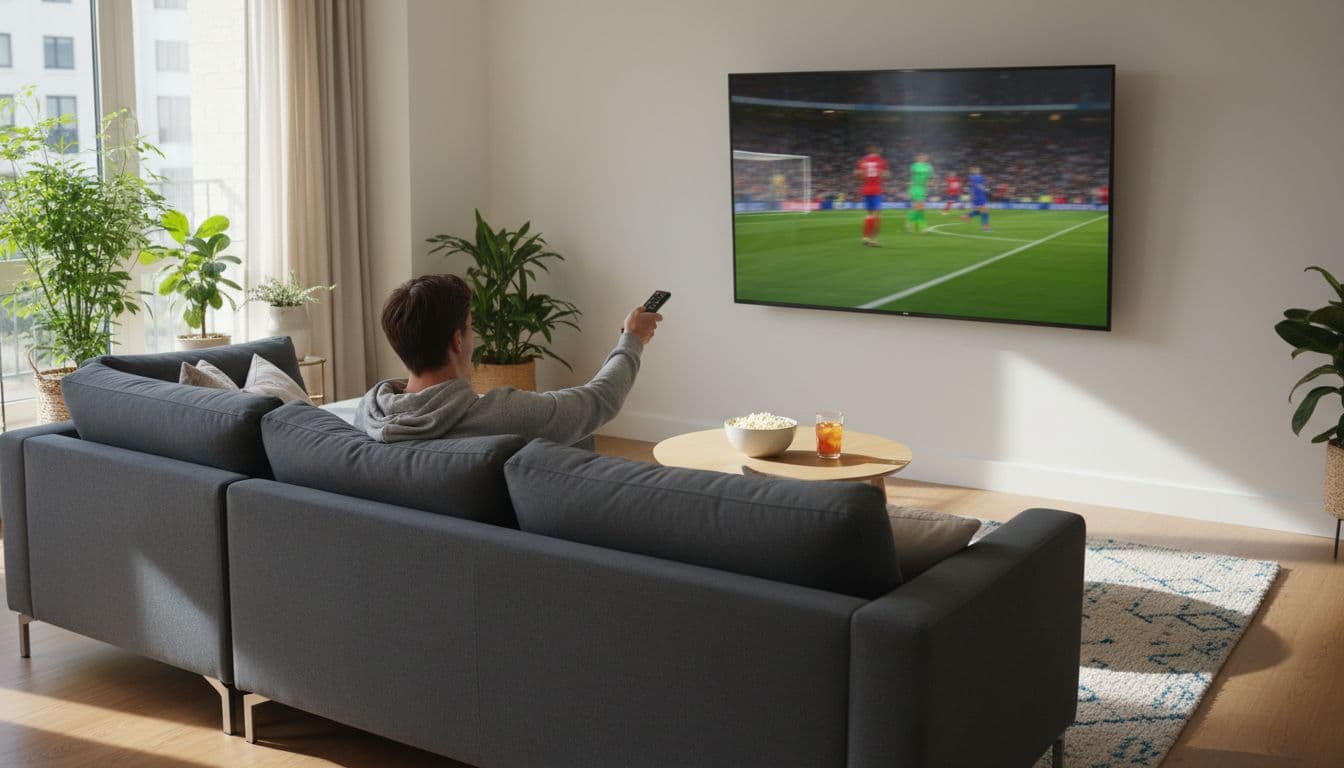 American viewer streaming Premier League match on Peacock app via smart TV in modern living room, cozy setup with popcorn and natural daylight.