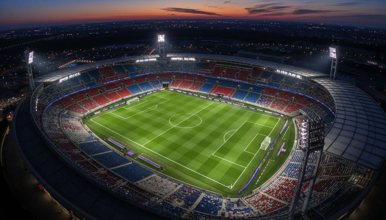 Dynamic aerial view of a large empty soccer stadium ready for World Cup matches, featuring field lines with natural purple accents in #4338CA tone, cinematic style with strong contrast, depth, and dramatic evening lighting focused on pitch and stands.