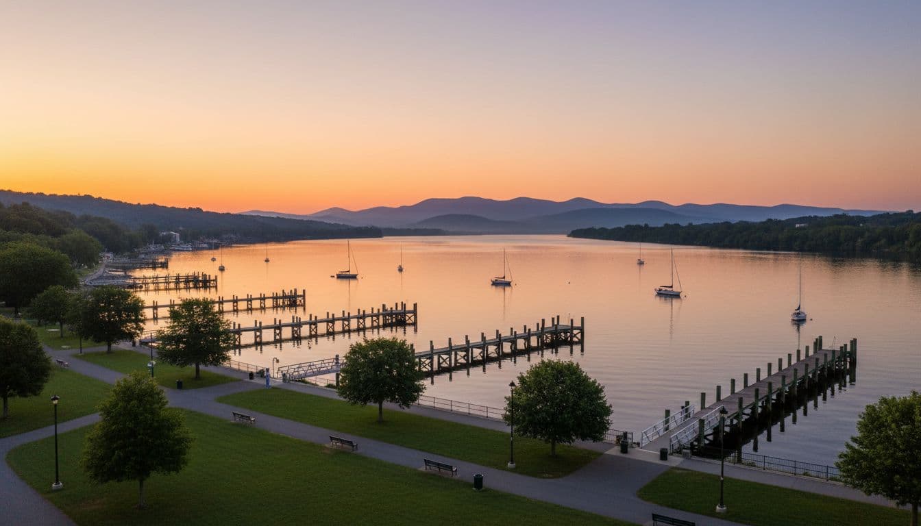 Calm Hudson River with sailboats, wooden docks, green parks, and distant mountains at golden hour.