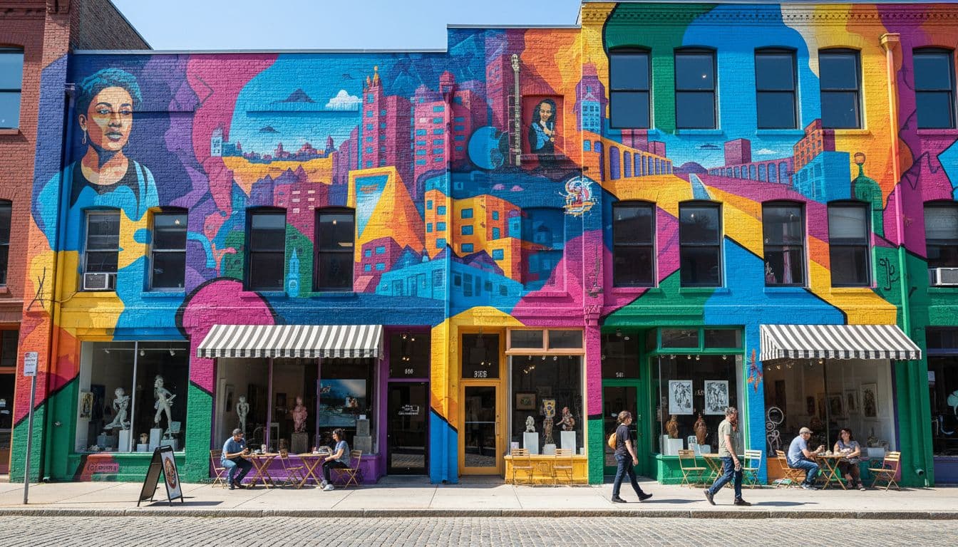 Colorful murals on brick buildings in Kingston NY's Midtown Arts District with nearby cafes and passersby.