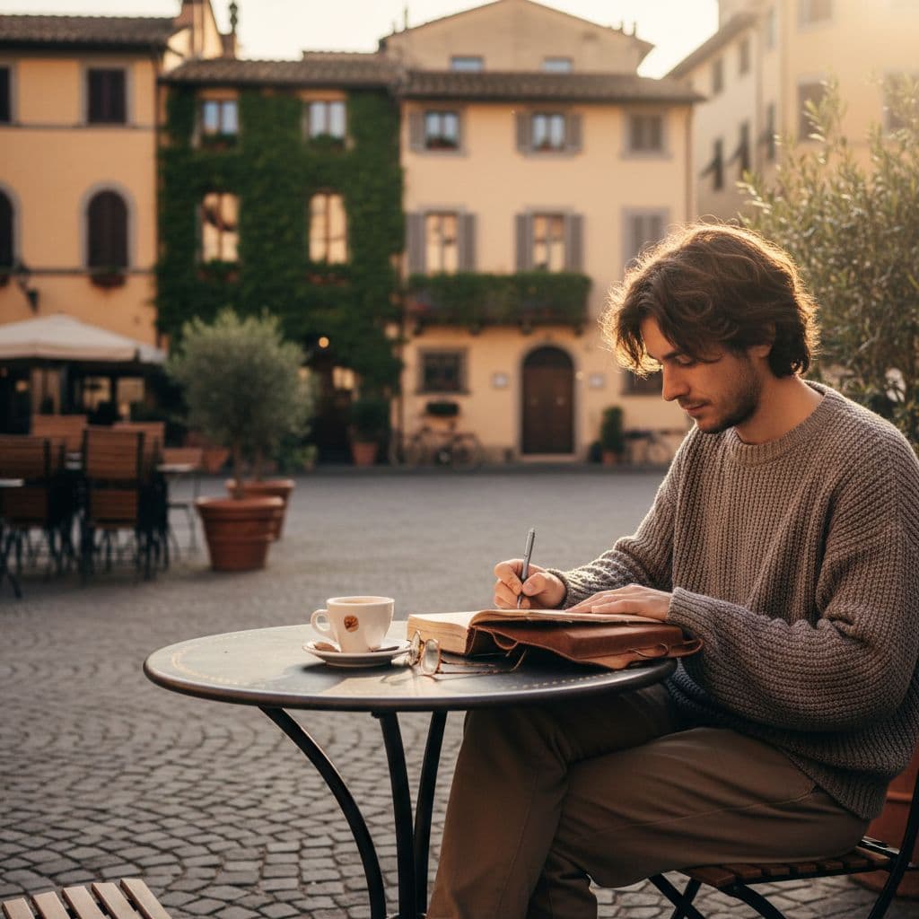 Person sits at outdoor cafe table in European square holding journal with coffee cup in sunlight.