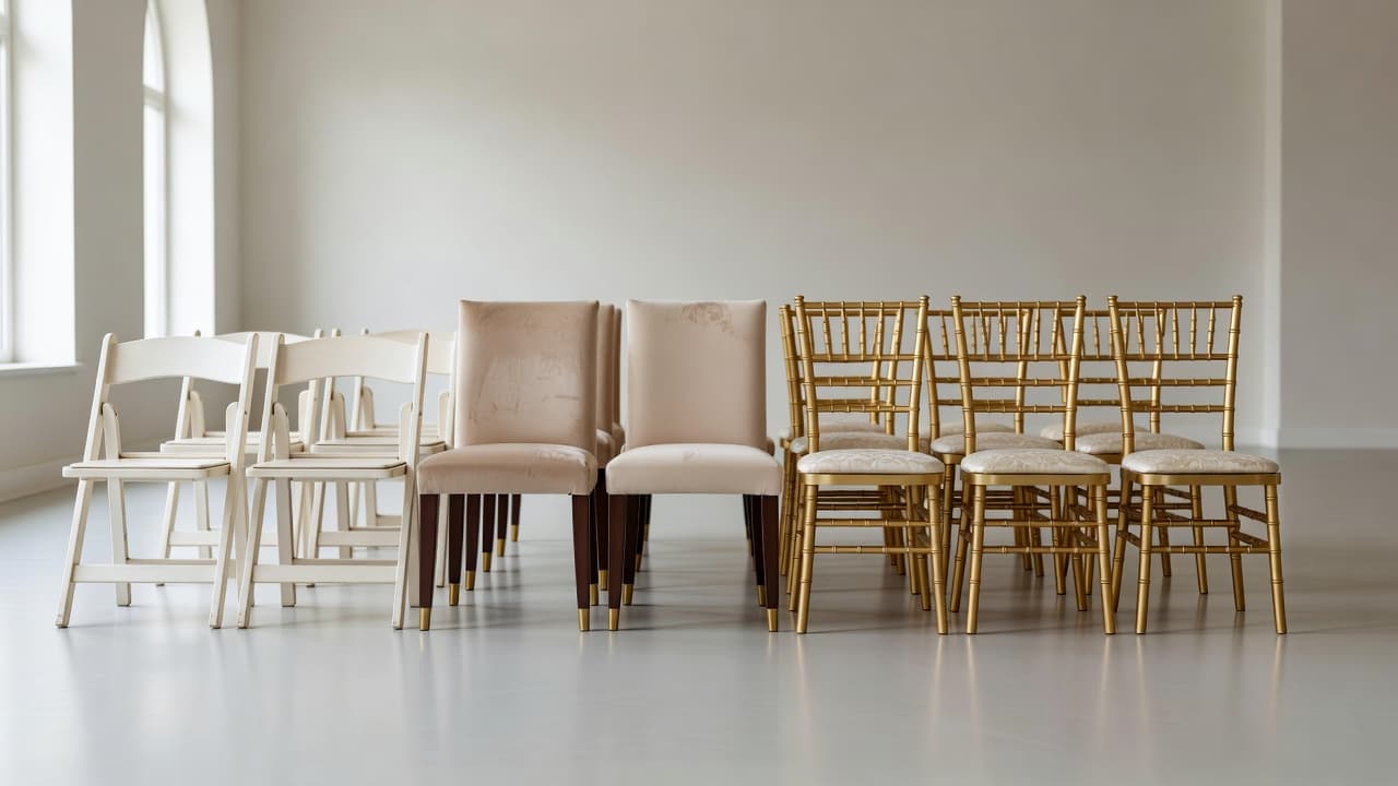 A row of event seating displays a plastic folding chair, a cushioned banquet seat, and a gold Chiavari chair. Bright ambient light fills the spacious hall, highlighting textures and distinct styles.