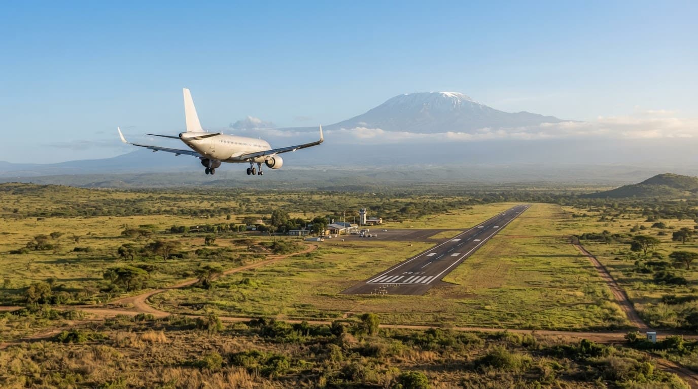 A passenger plane approaches an airport with Mount Kilimanjaro beyond the savanna.