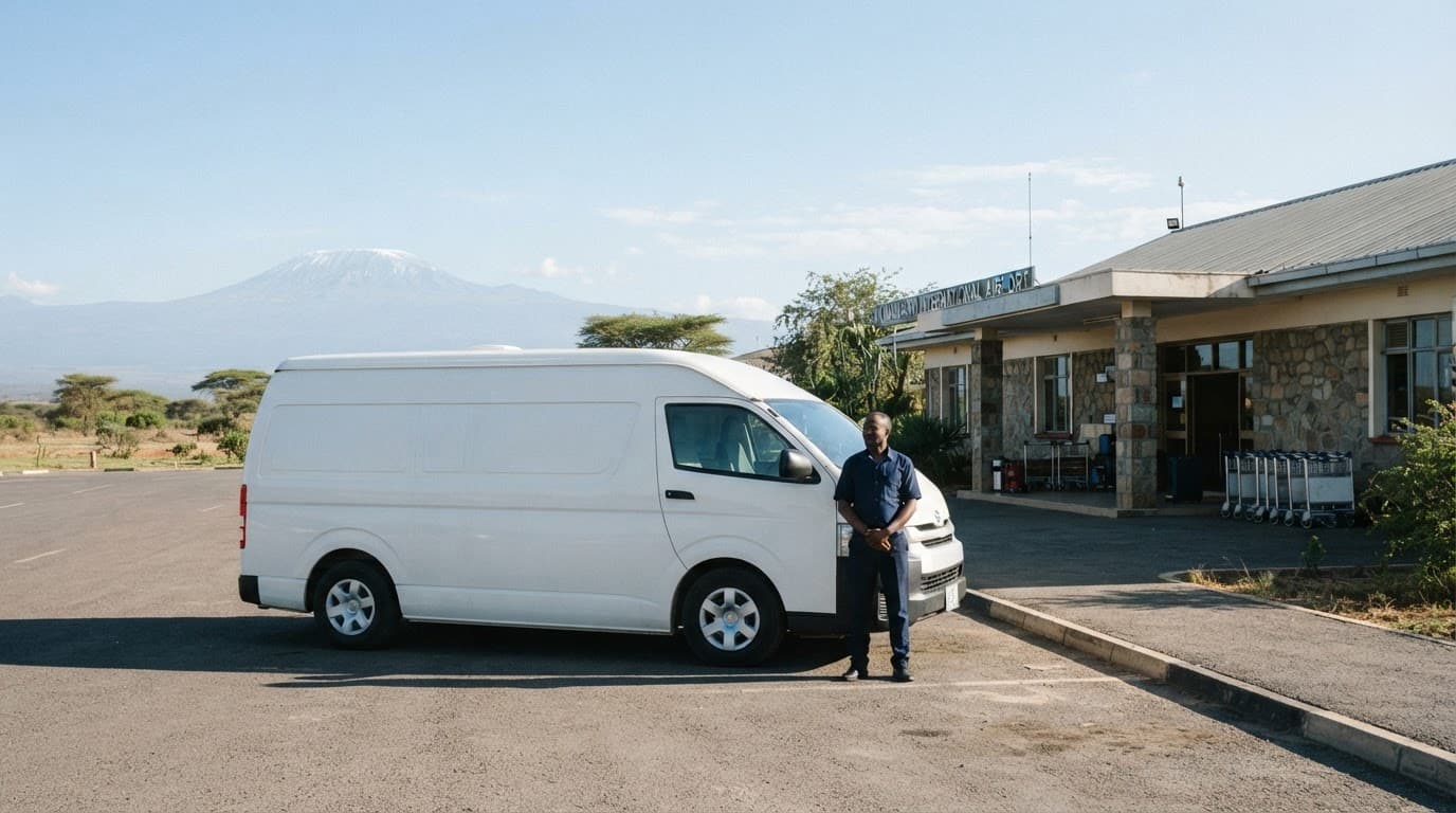 A white transfer van and driver outside Kilimanjaro Airport with the mountain in the distance.