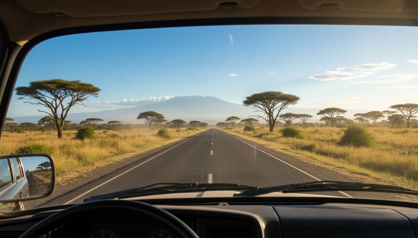 A scenic view from a moving car showing a paved road leading toward Mount Kilimanjaro in Tanzania.
