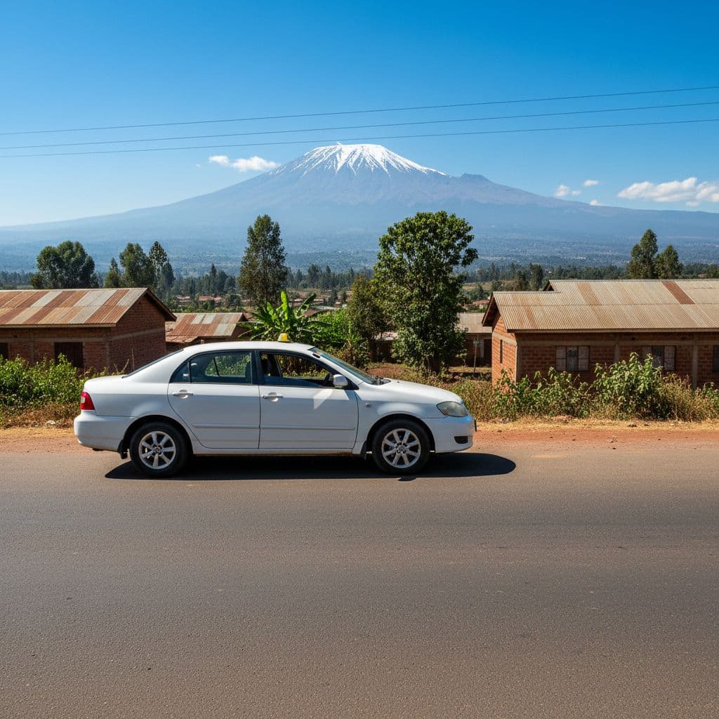 A standard taxi car parked on a sunny paved road in Moshi with distant mountains visible.