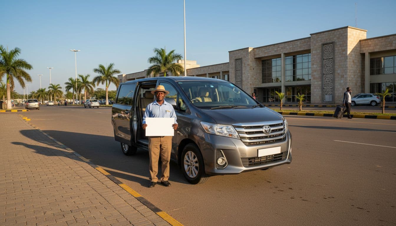 A modern minivan and driver wait for passengers at a sunny Tanzanian airport arrival zone.