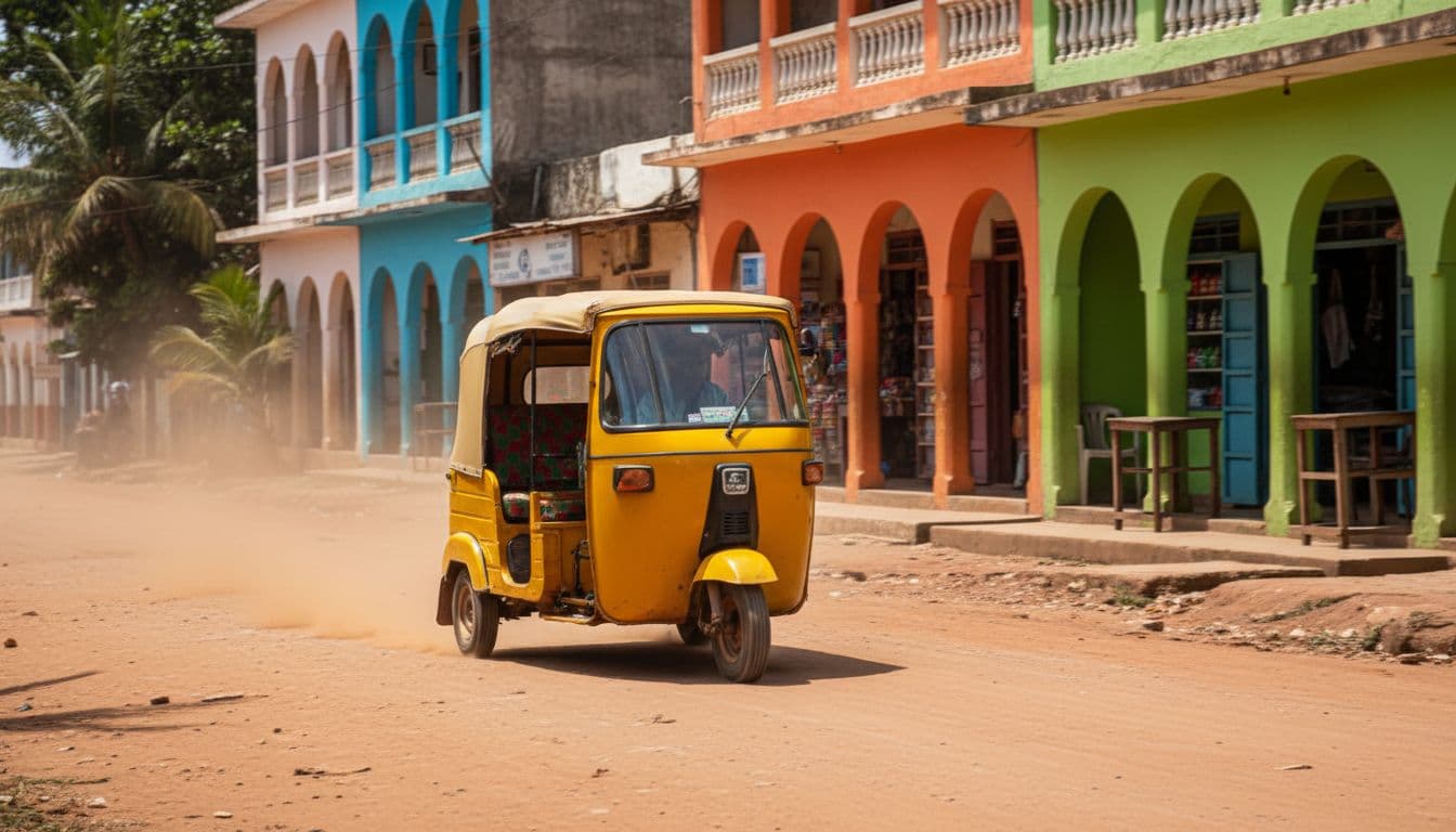 A three-wheeled bajaji travels down a dusty street lined with colorful urban storefronts.