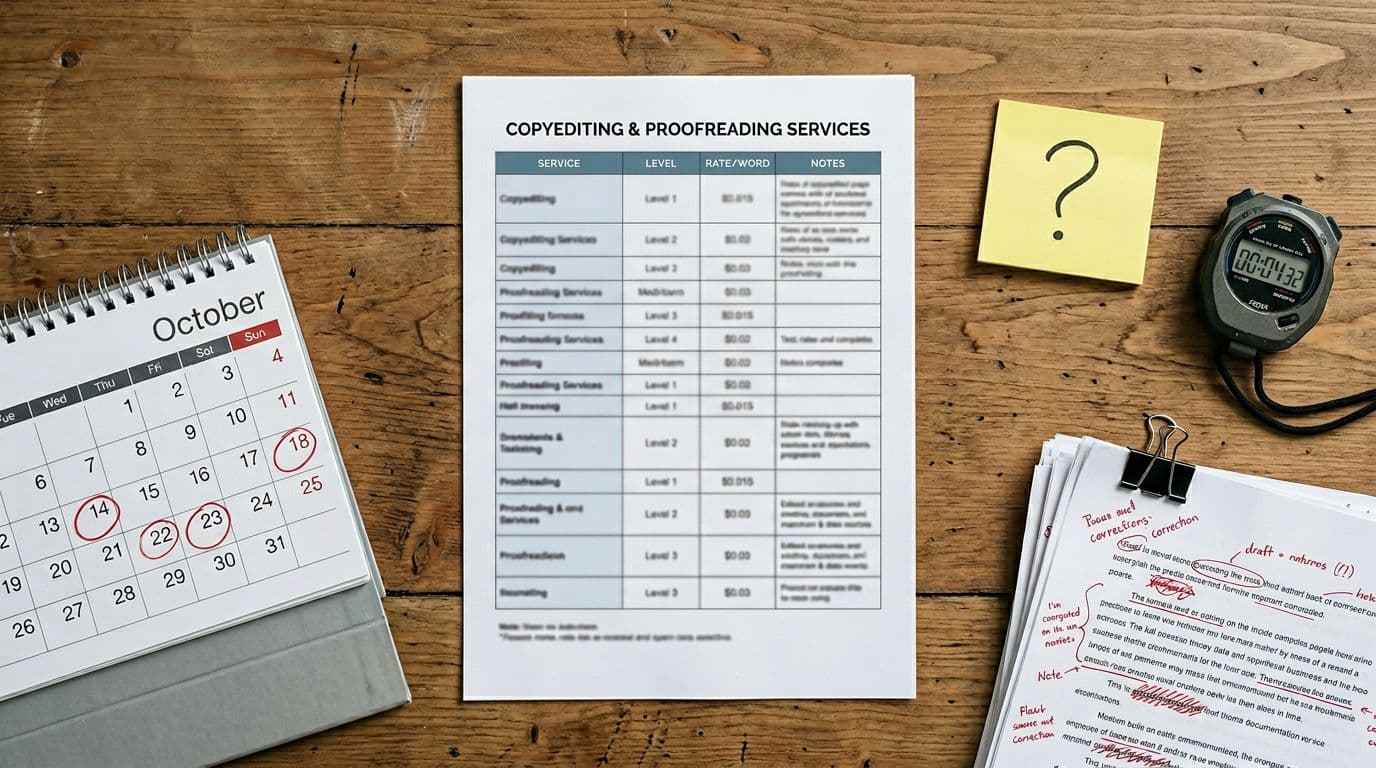 Top-down view of a clean modern office desk centered on a blurred printed rate chart for proofreading and copyediting rates per word, surrounded by symbolic items including question mark sticky notes, stopwatch, calendar, and messy draft stack under soft lighting.