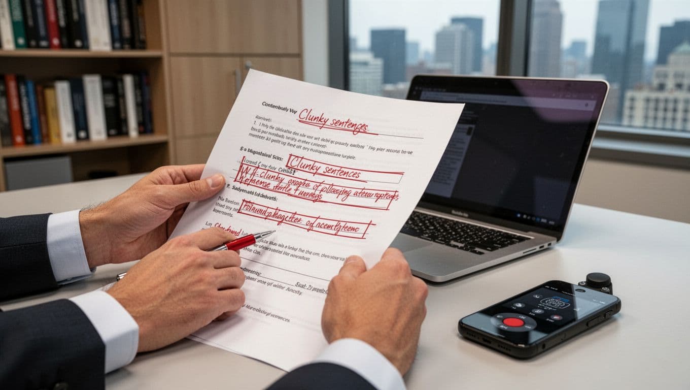 A close-up view of a business professional's hands on a desk, holding a printed report with red pen marks highlighting clunky sentences, next to a laptop and a smartphone used for voice recording. Subtle background shows office bookshelves and a window with city view.