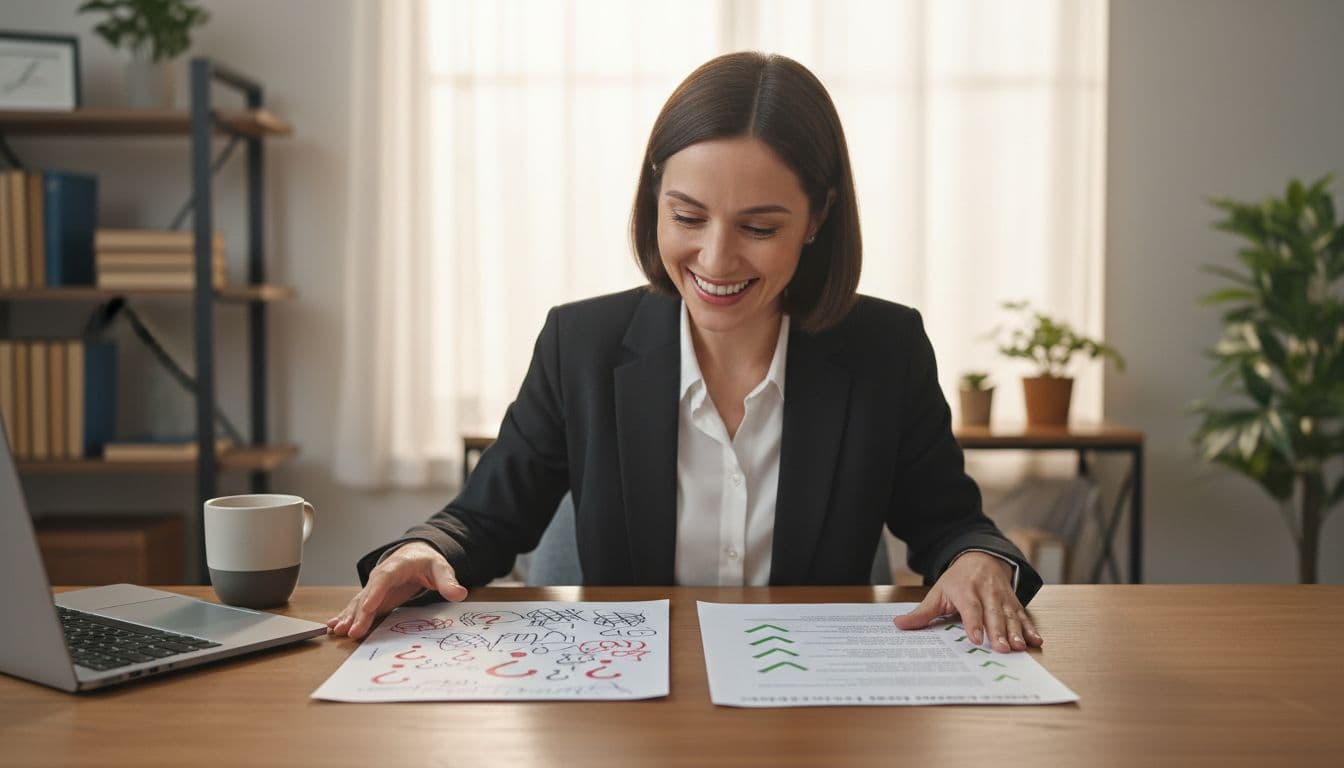 Business professional at desk comparing two side-by-side documents: one messy with question marks, the other clean with checkmarks, smiling at the clear one in an office setting with closed laptop nearby.