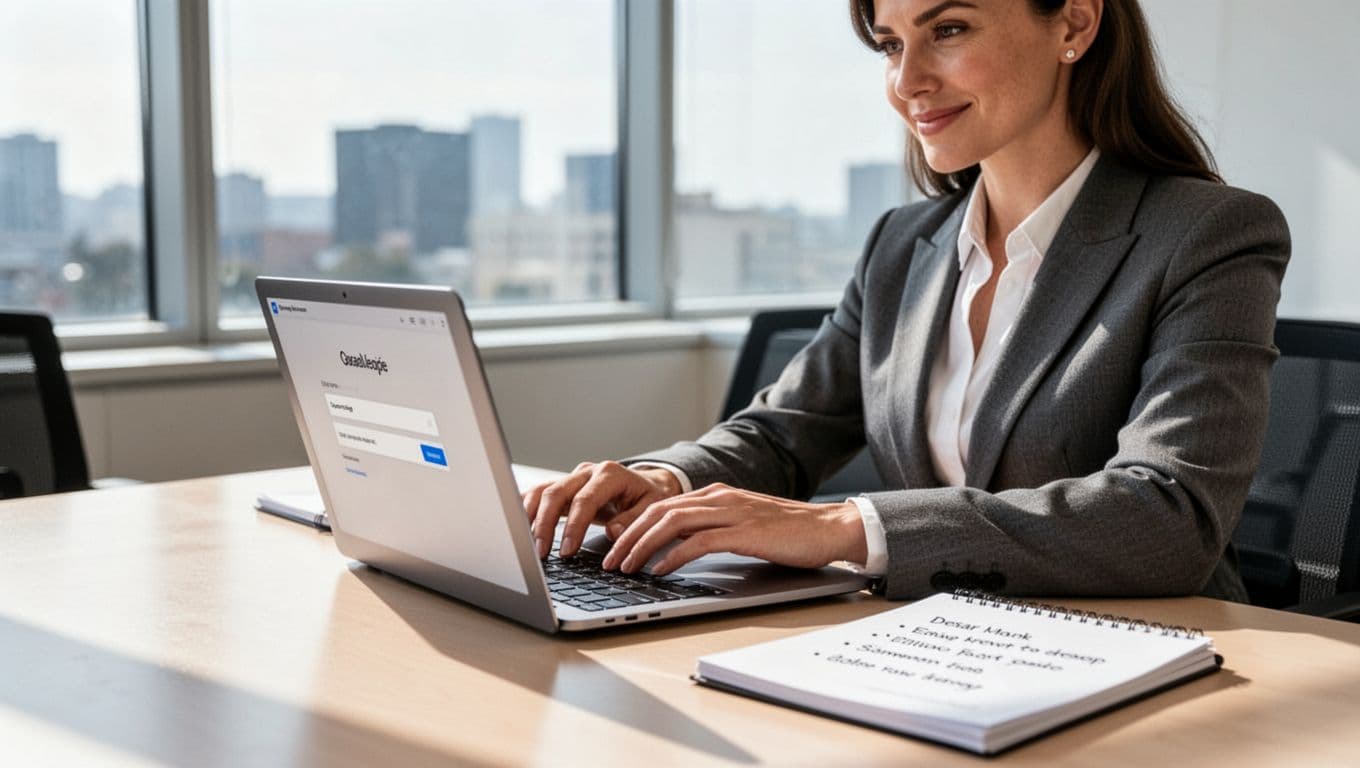 A focused business owner types a firm email on a laptop in a bright conference room with a notepad nearby.