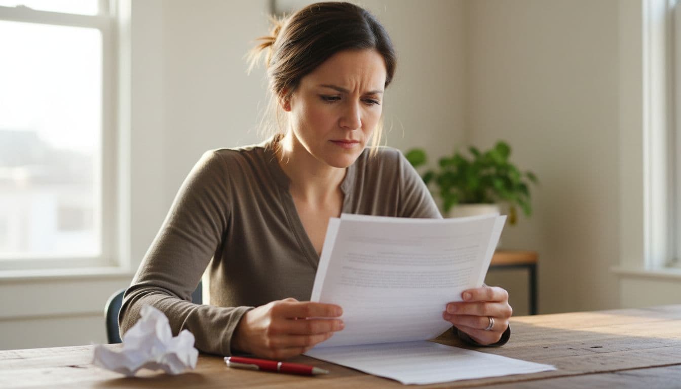 A small business owner sits at a wooden desk in a home office, looking frustrated while reading a printed document with a red pen nearby. Exactly one person present, natural daylight from window, simple composition focused on face and document, realistic style, soft lighting.