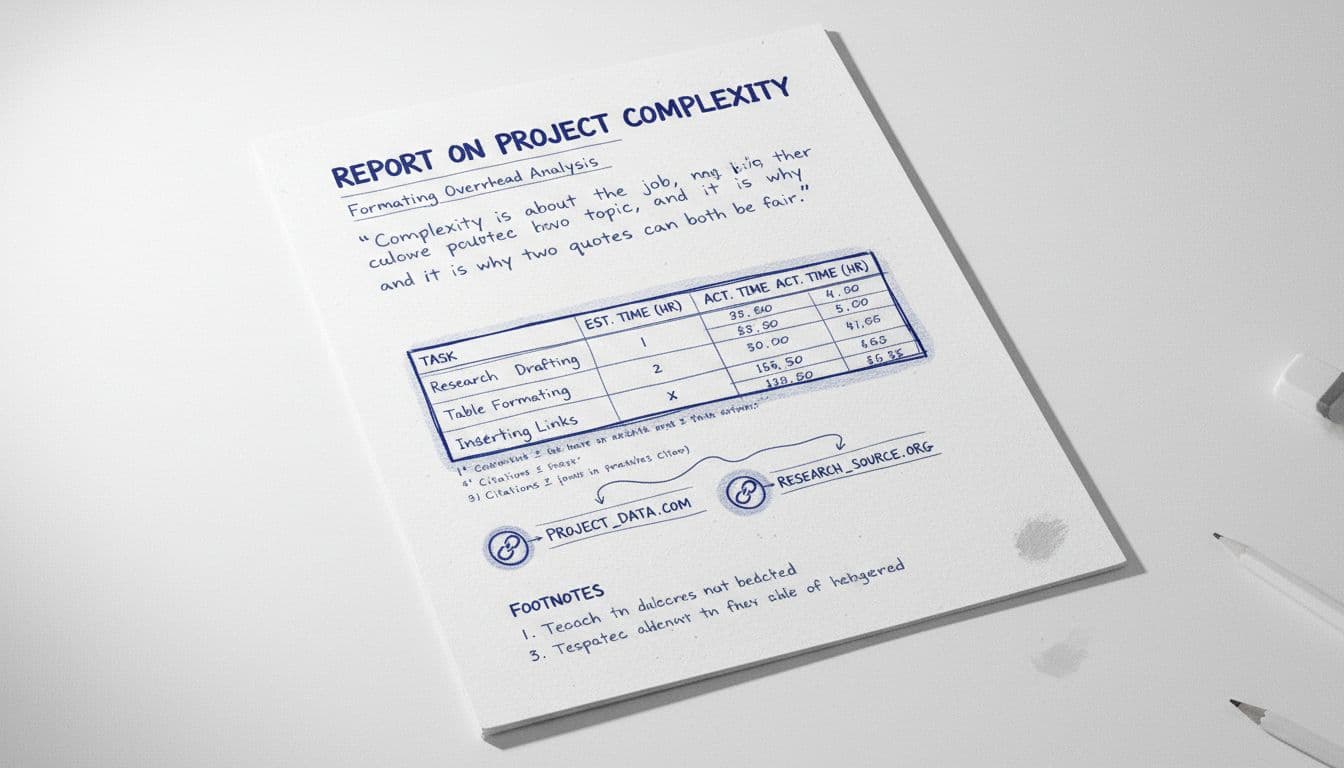 Hand-drawn graphite sketch of a complex business report page on a desk, featuring a simple table, citations, footnotes, and link icons with light shading, clean white background, and subtle blue borders.