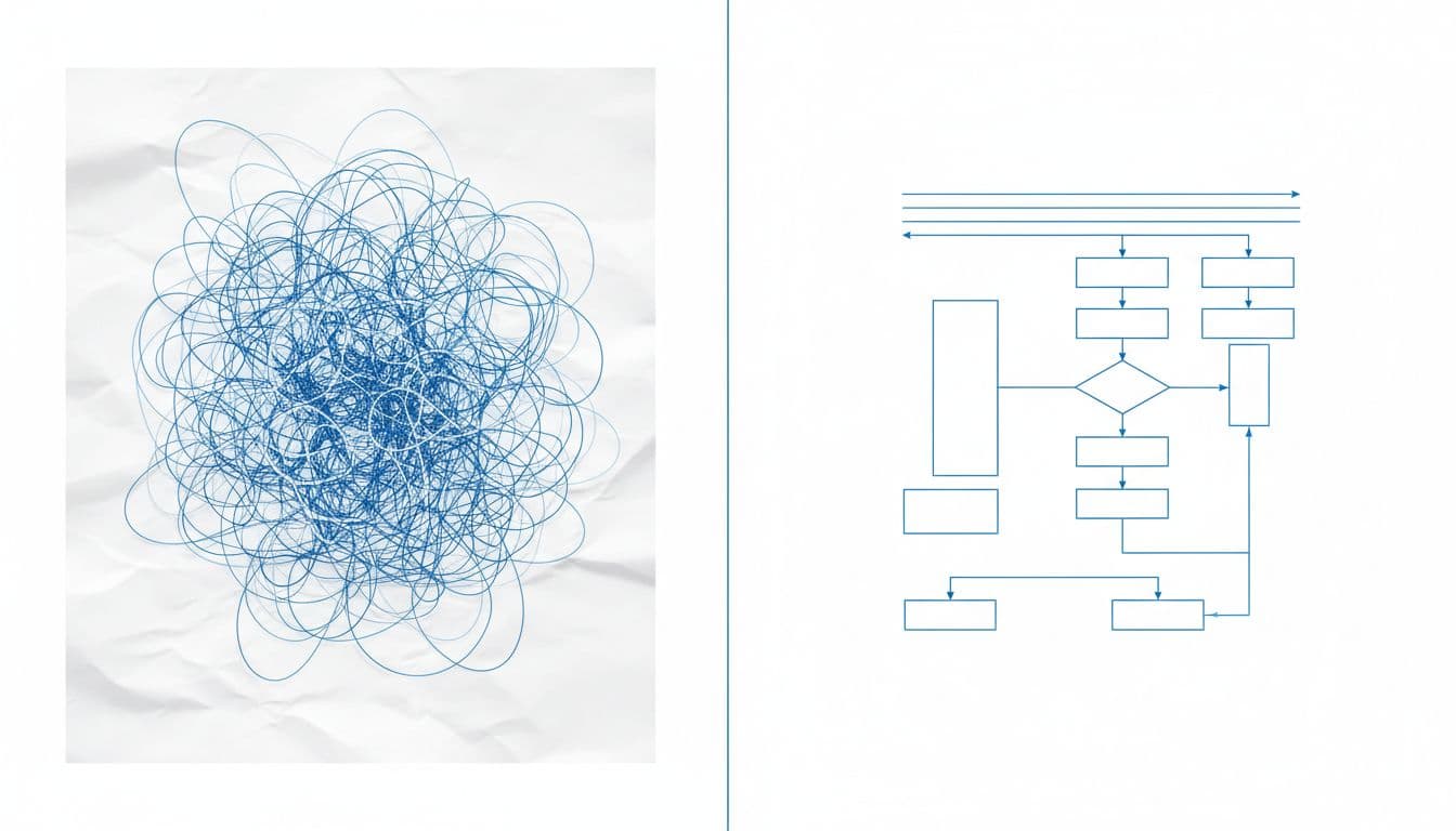 Split image with left side showing tangled threads or messy blueprint for confused document structure, and right side displaying organized clear flowchart or neat blueprint. Professional blueprint style on white background with bright even lighting.