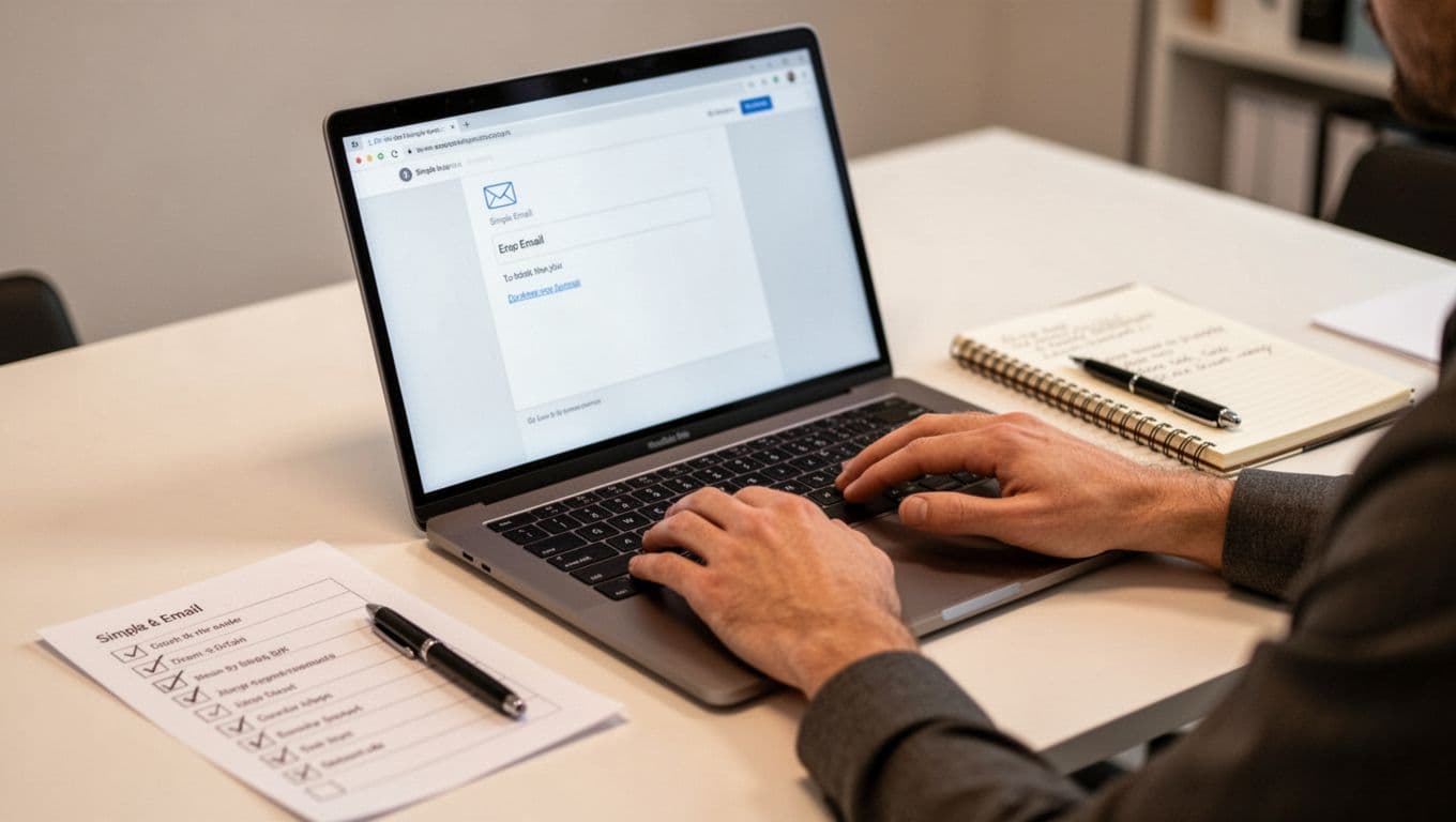 Close-up angled view of a clean modern desk featuring a laptop open to a blurred email draft, relaxed hands on the keyboard, notebook with notes, pen, and checklist paper in soft office lighting.