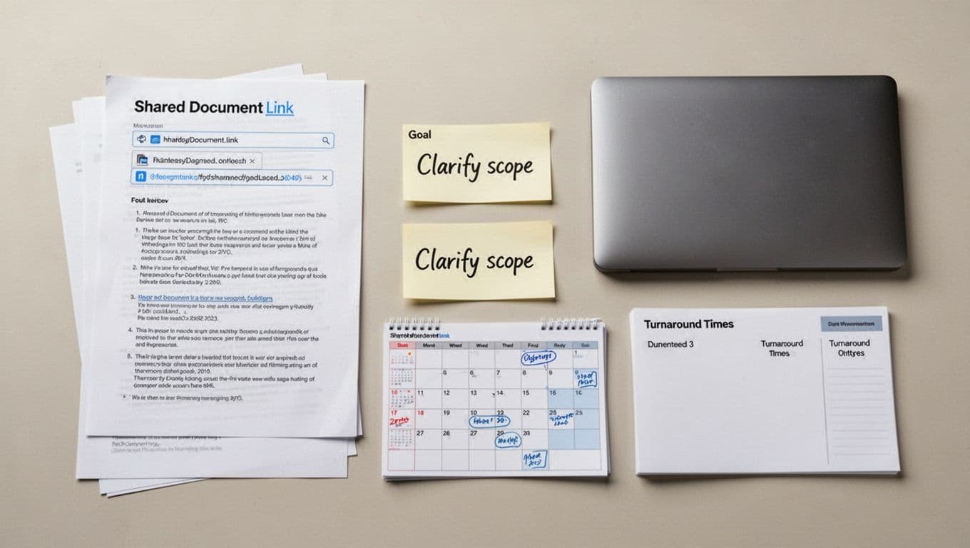 Top-down flat lay of a minimal professional desk setup with printed shared document link, 'Clarify scope' goal note card, calendar marked with turnaround times, and closed sleek laptop. Clean style with even bright lighting, detailed paper textures, neutral background, and focus on preparedness elements.