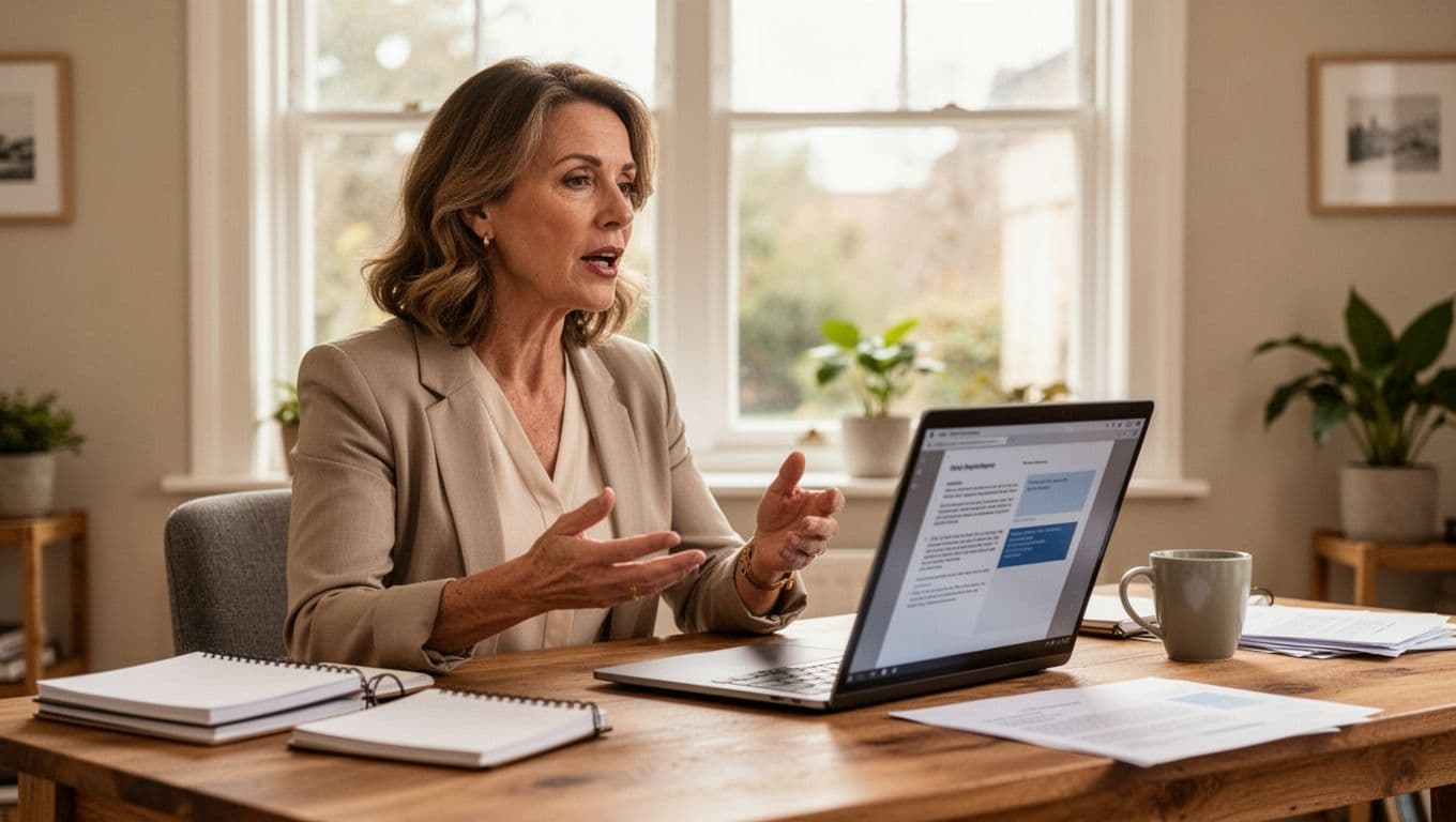 A mid-40s professional woman sits at a wooden desk in a bright home office, reading aloud from a laptop displaying a business document, with natural light illuminating the scene.