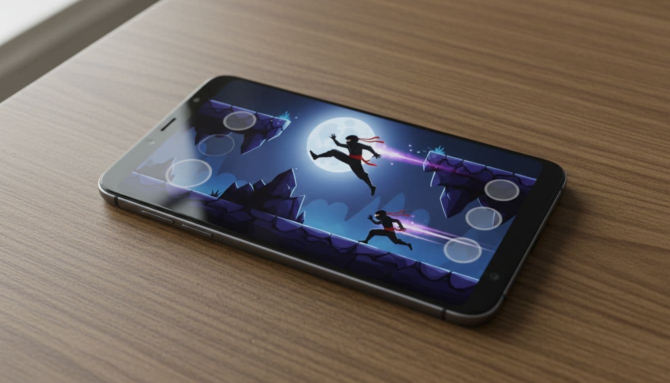 Modern black Android phone on wooden table displays ninja game screen with jumping character and enemy.