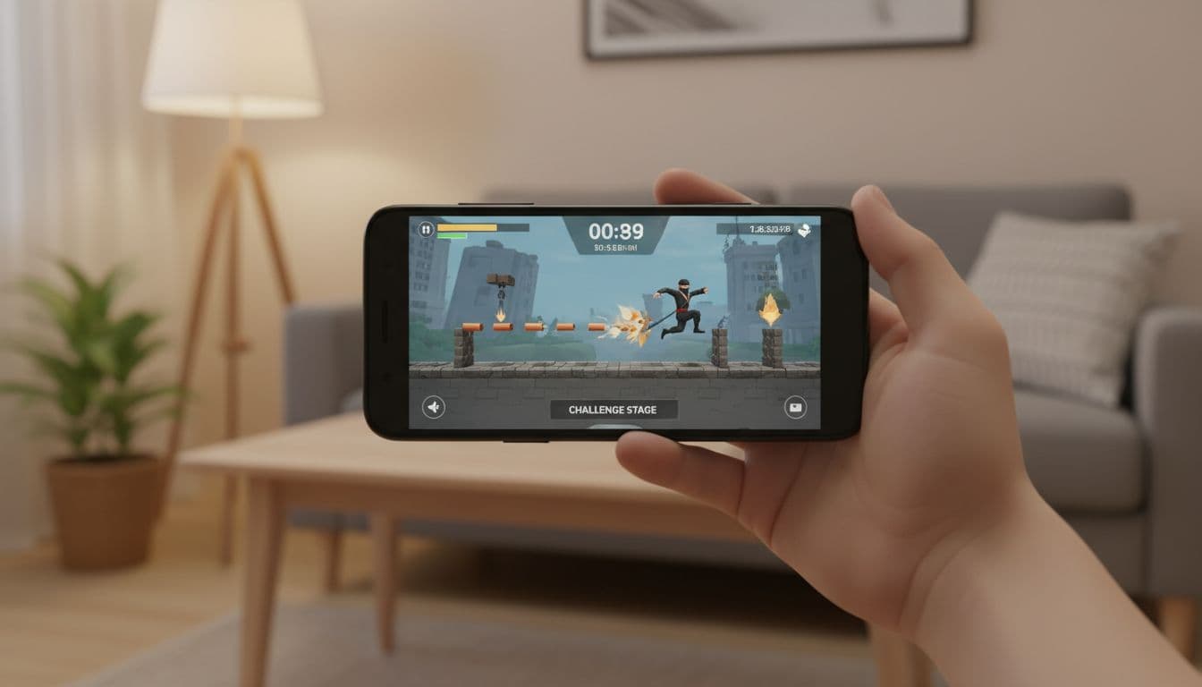 Single hand comfortably holds Android phone showing ninja in timed challenge on simple home room background.