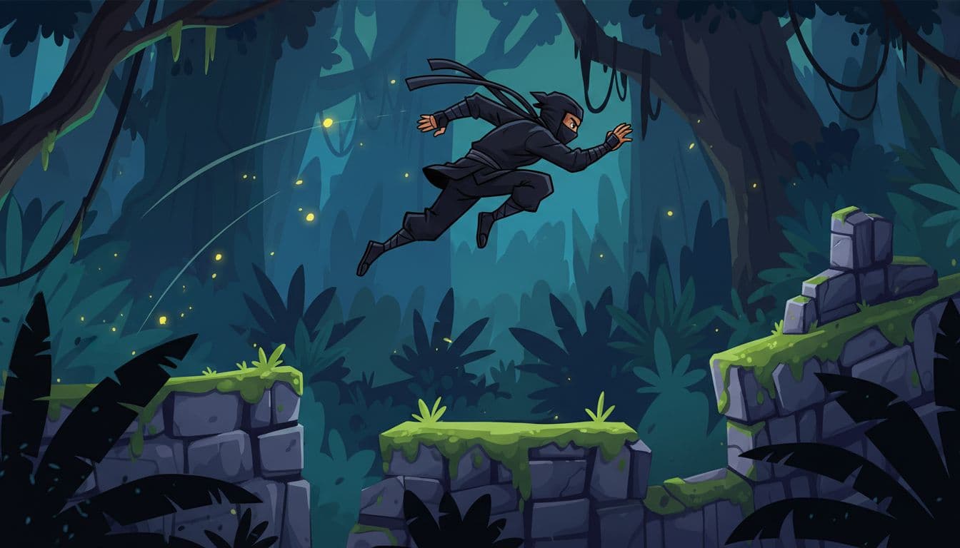 Black-clad ninja jumps high over obstacles in dark forest with stone walls under dim dramatic light.