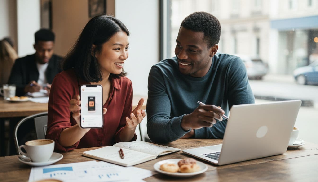 Two diverse creators collaborate at a cafe table; one displays a phone with a social post while the other uses a notebook and laptop in a casual, friendly discussion bathed in natural daylight, photorealistic style focusing on partnership.