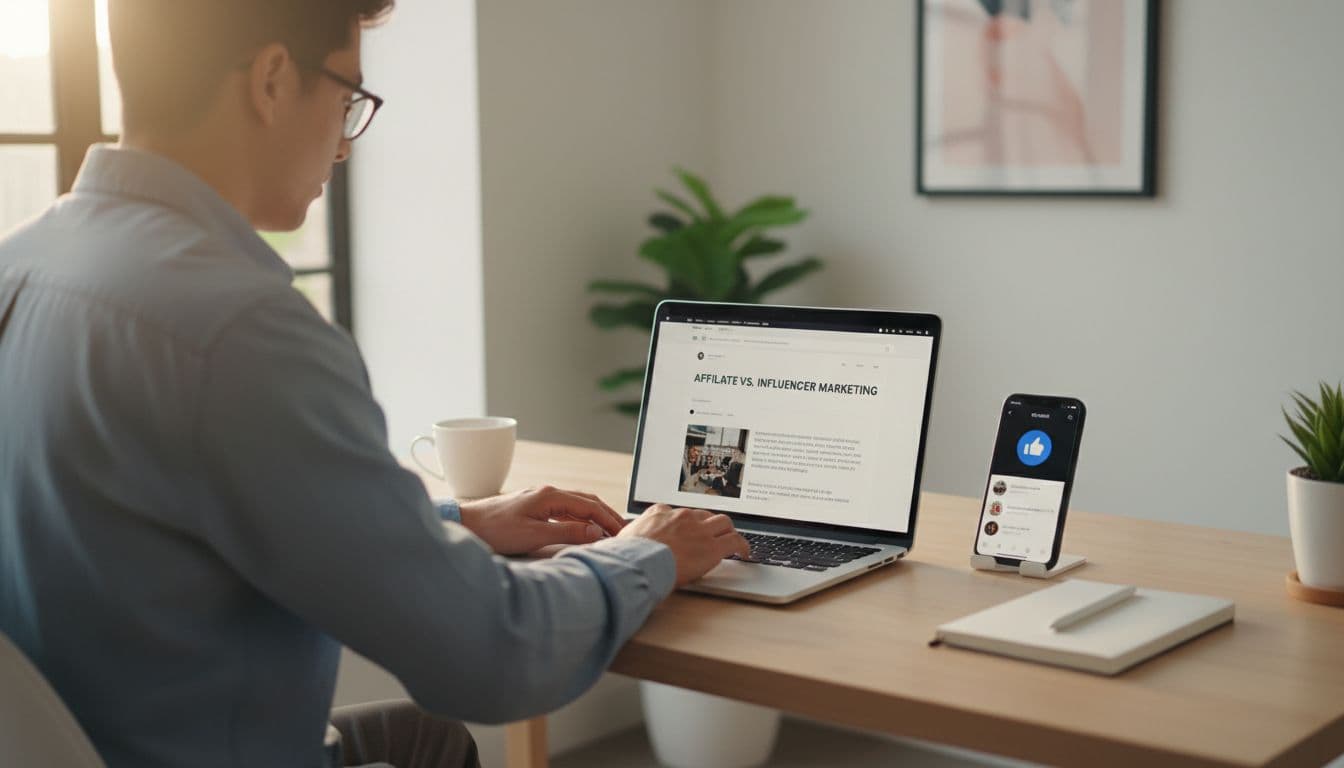 A single person at a modern home office desk with a laptop open to a blog post and phone displaying a social media app, under soft natural light, illustrating common tools for online marketing.