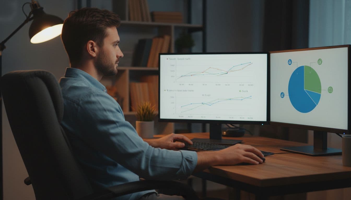 An affiliate marketer relaxes at a home office desk under evening lamp light, reviewing charts on dual angled monitors comparing search, email, and social traffic sources, featuring a pie chart with 80/20 split.