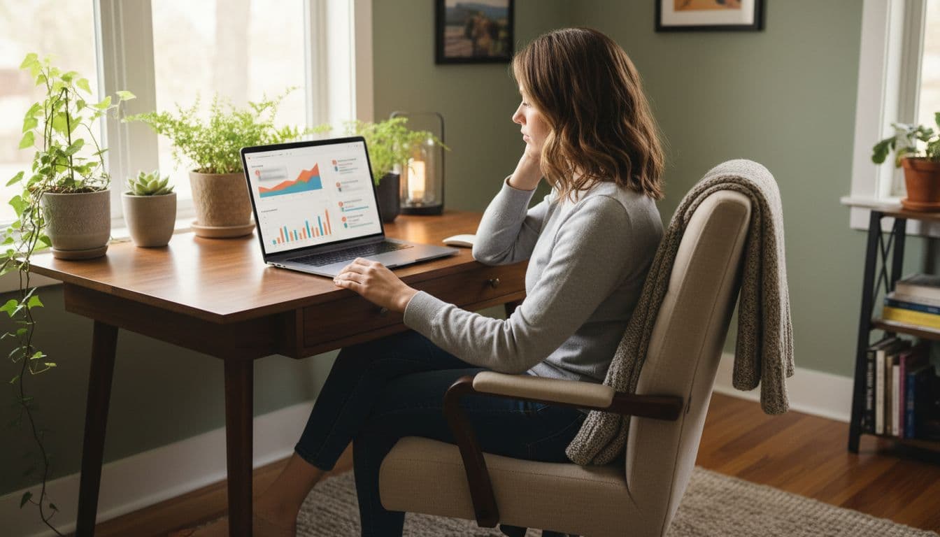 Affiliate marketer comfortably seated at a desk with plants in a cozy office, reviewing a blurred dashboard on laptop showing graphs and sales notifications, relaxed pose with hand on mouse, natural window light, three-quarter view.