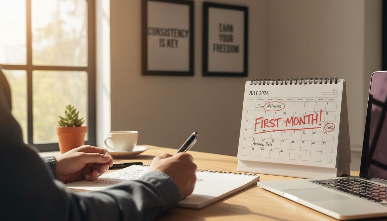 A tidy affiliate marketer's desk shows a notepad outlining beginner steps like joining a network, testing offers, and tracking results, with a first-month calendar, closed laptop, and motivational posters in bright natural light.
