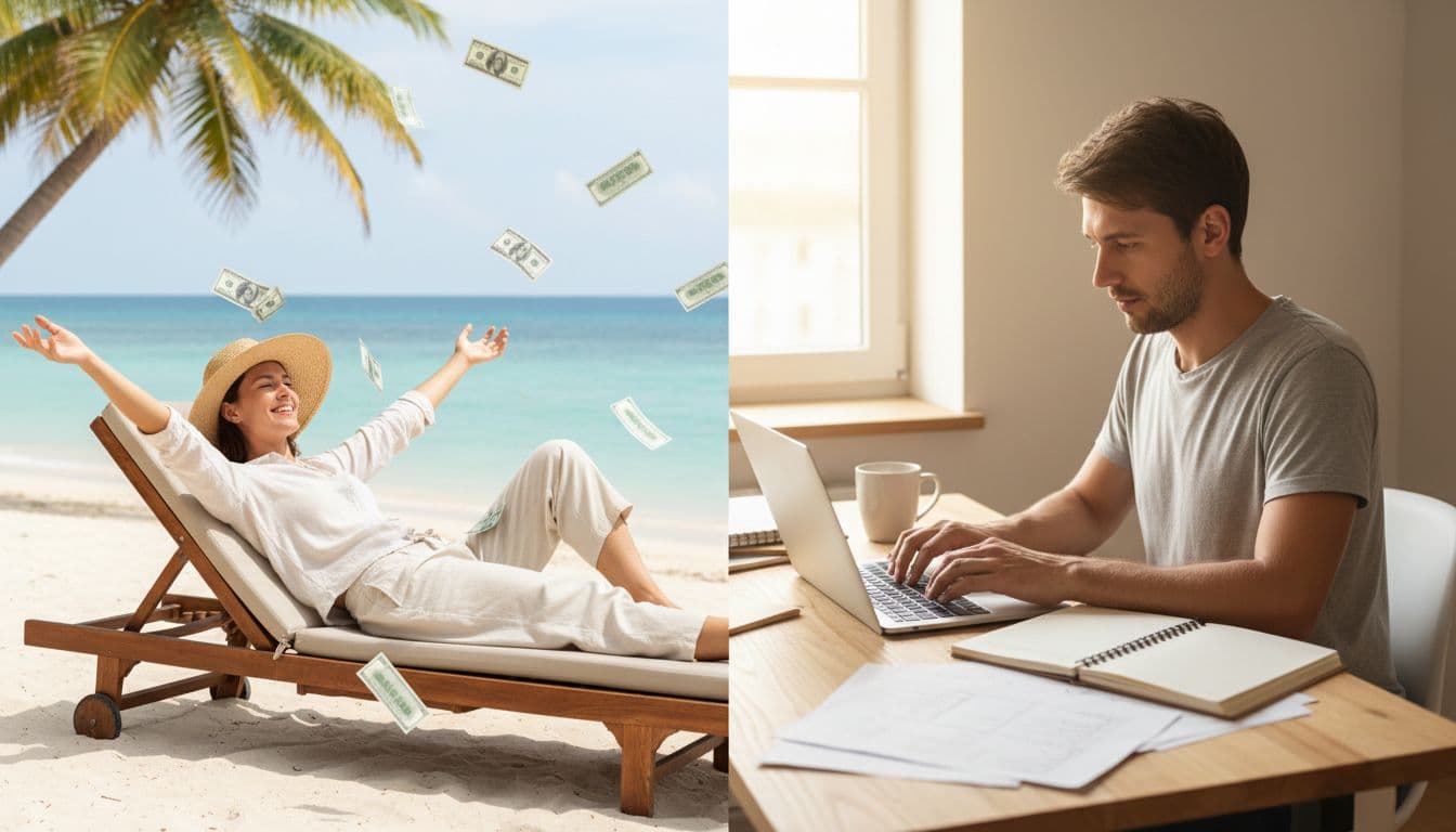 A split-scene realistic photo contrasts a person lounging happily on a tropical beach surrounded by floating cash on the left, with the same person focused and working at a simple home desk on a laptop amid notebooks and coffee on the right.