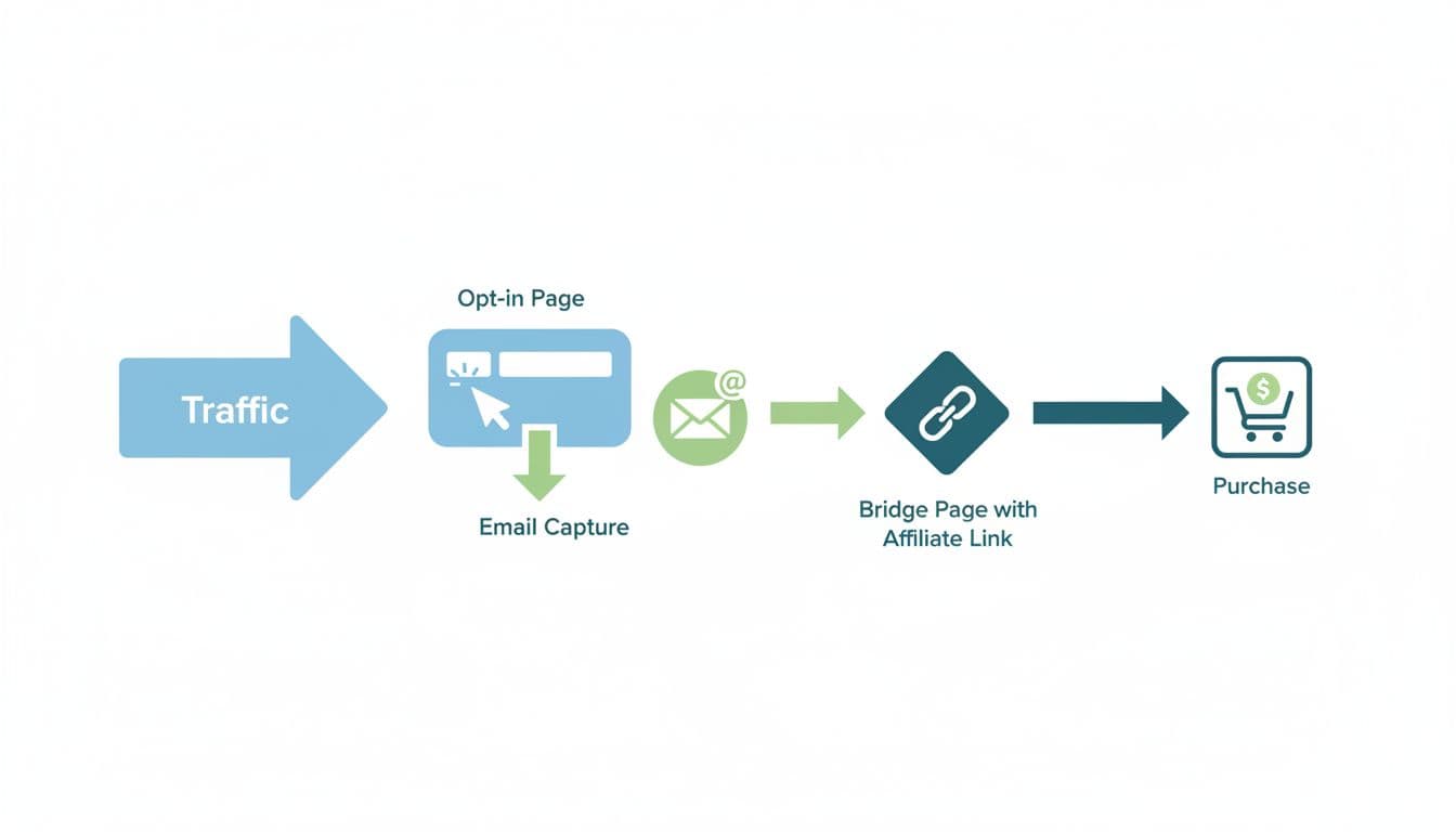 Simple flowchart diagram of an affiliate marketing funnel showing traffic to opt-in page, email capture, bridge page with affiliate link, and purchase. Clean modern vector illustration in blue and green colors on white background with flat design icons.