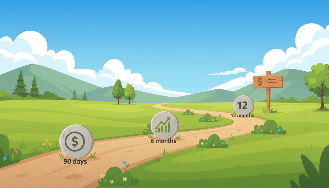 Winding road visual timeline for affiliate progress with milestones at 90 days, 6 months, and 12 months marked by icons like first dollar, growing graph, and steady income signpost. Scenic outdoor trail under blue sky in clean illustrative style, no people or text.