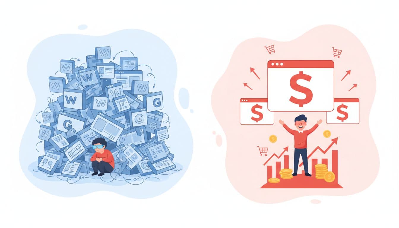 Split illustration showing left-side chaos in broad markets with stressed affiliate buried under giant websites crowding search results, and right-side success in narrow niche with happy affiliate ranking high amid few sites and sales icons.