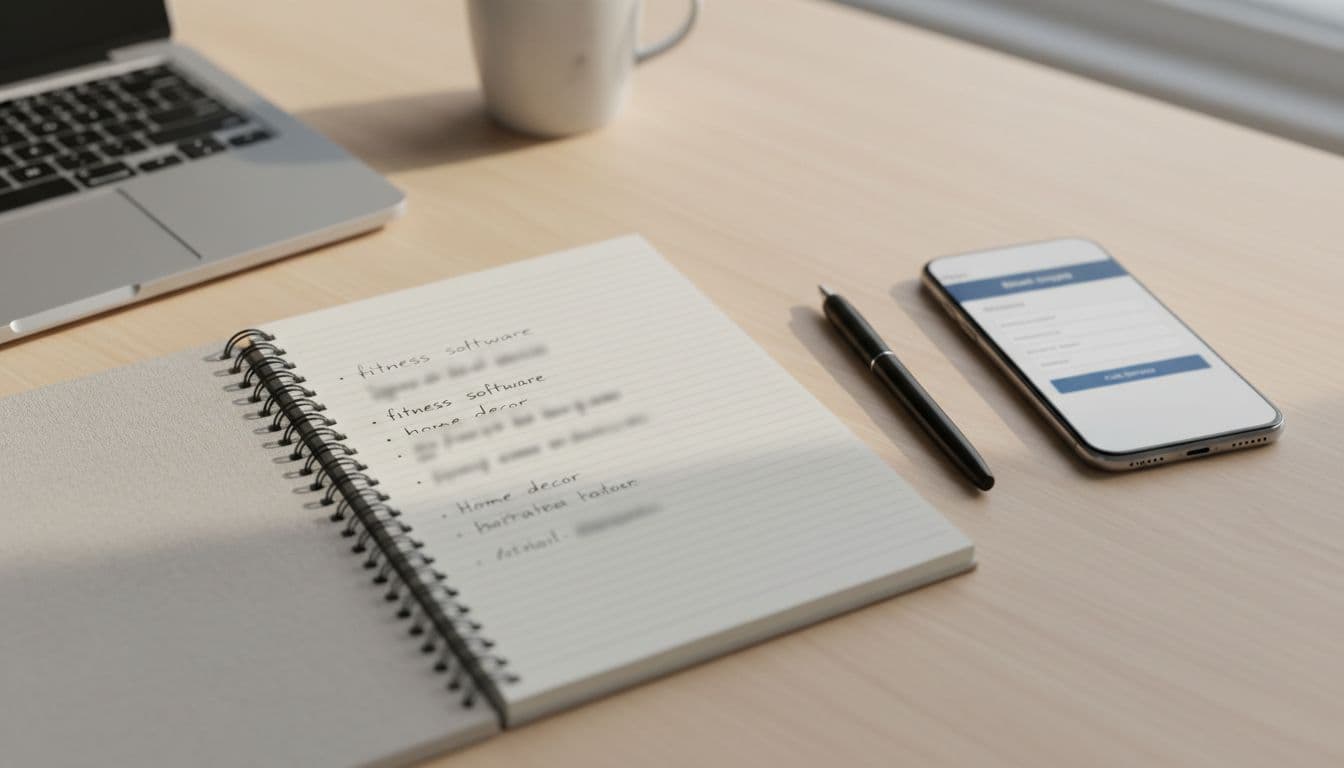 Top view of a notebook with niche ideas like fitness software and home decor, phone nearby showing email signup, simple desk setup, soft lighting, realistic photo, no people, no readable text.