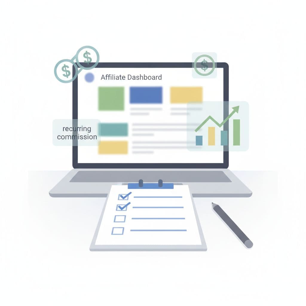 Minimalistic flat design illustration of a simple desk with checklist notepad, pen, and blurred laptop showing affiliate dashboard, subtle floating icons for commission types like recurring dollars and graphs, under bright studio lighting.