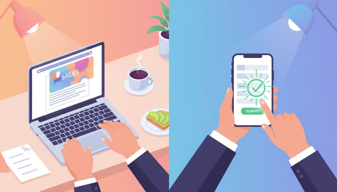 Split illustrative scene: left side shows blogger writing product review on laptop with blurred sales notification, right side depicts quick form submission on phone leading to confirmation, vertically divided modern workspace, vibrant colors, no people or text.