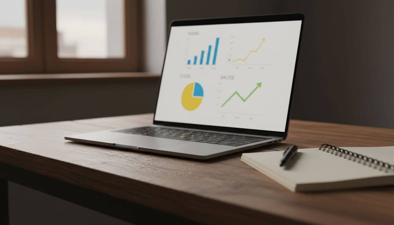 Photorealistic laptop on a wooden table displaying a dashboard of basic affiliate stats like views, clicks, and sales, accompanied by a notebook in dim evening light.