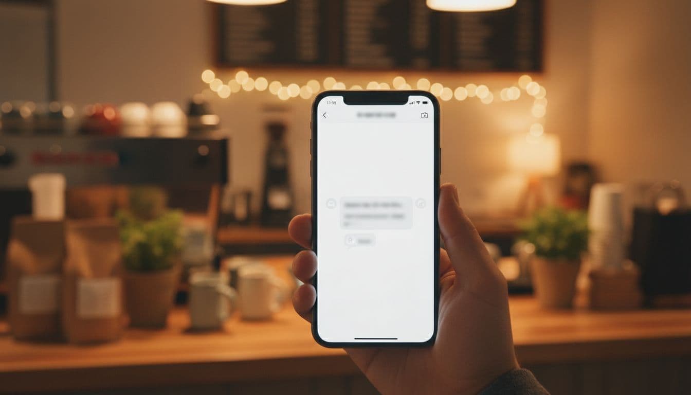 A simple chatbot interface on a smartphone screen helps a small business with customer queries, set against a cozy coffee shop counter with warm lighting and one hand holding the phone naturally.