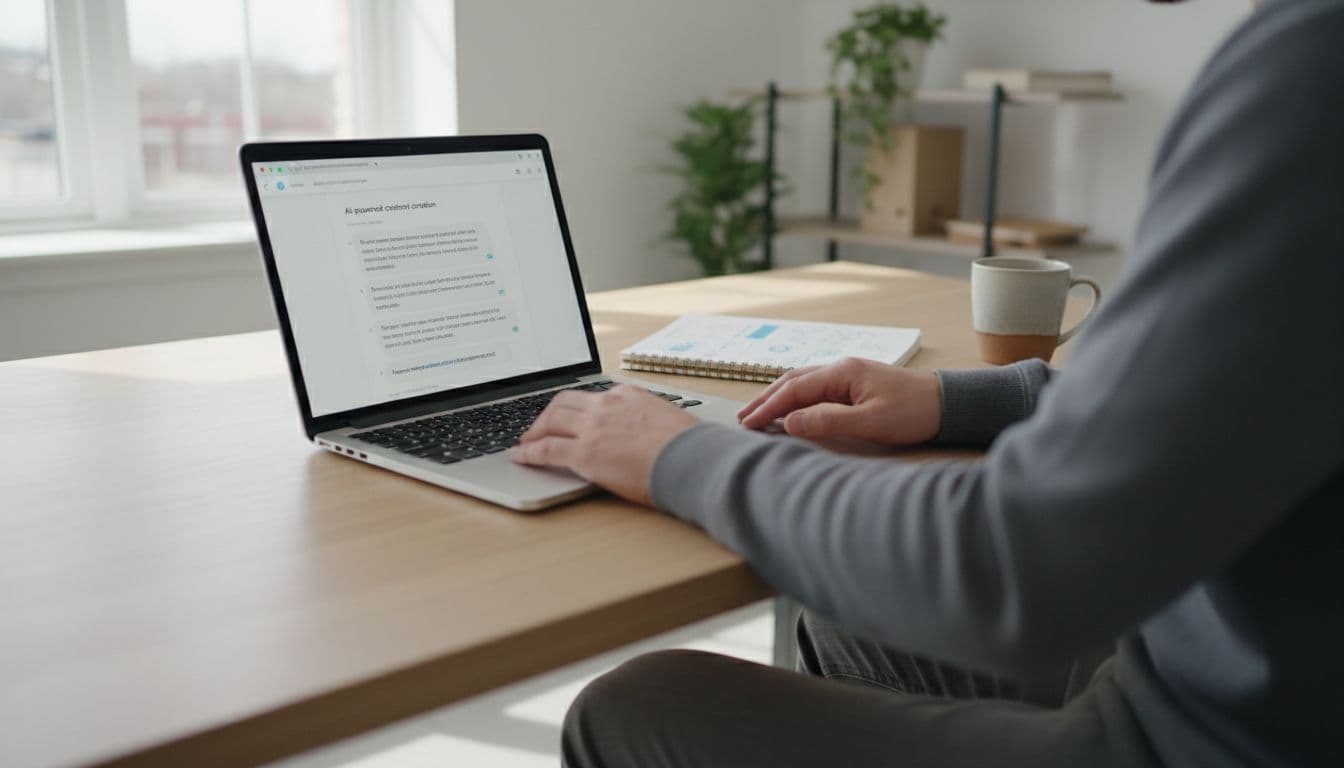 One person in a bright home office sits at a desk with laptop open to AI chat for ebook outlining, notebook with notes, and coffee mug nearby. Realistic photography style with natural window light focusing on the workspace.
