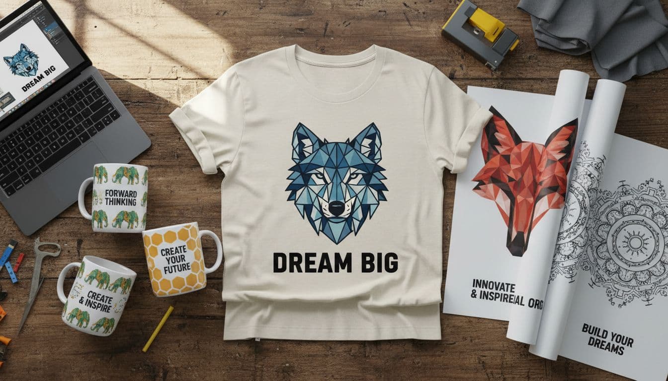 Print-on-demand t-shirts, mugs, and posters with simple AI-generated geometric animal patterns and motivational quotes like 'Dream Big', arranged in a flat lay on a wooden workshop table under natural daylight in realistic product photography style.