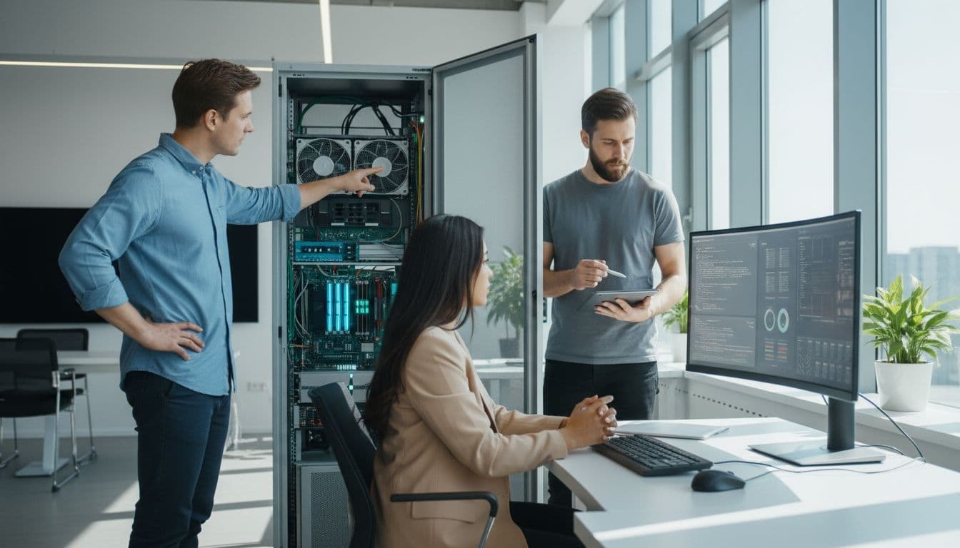 A modern business team of three in a bright office collaborates on an AI project, one pointing to a glowing server rack while others use computers, photorealistic with natural daylight.